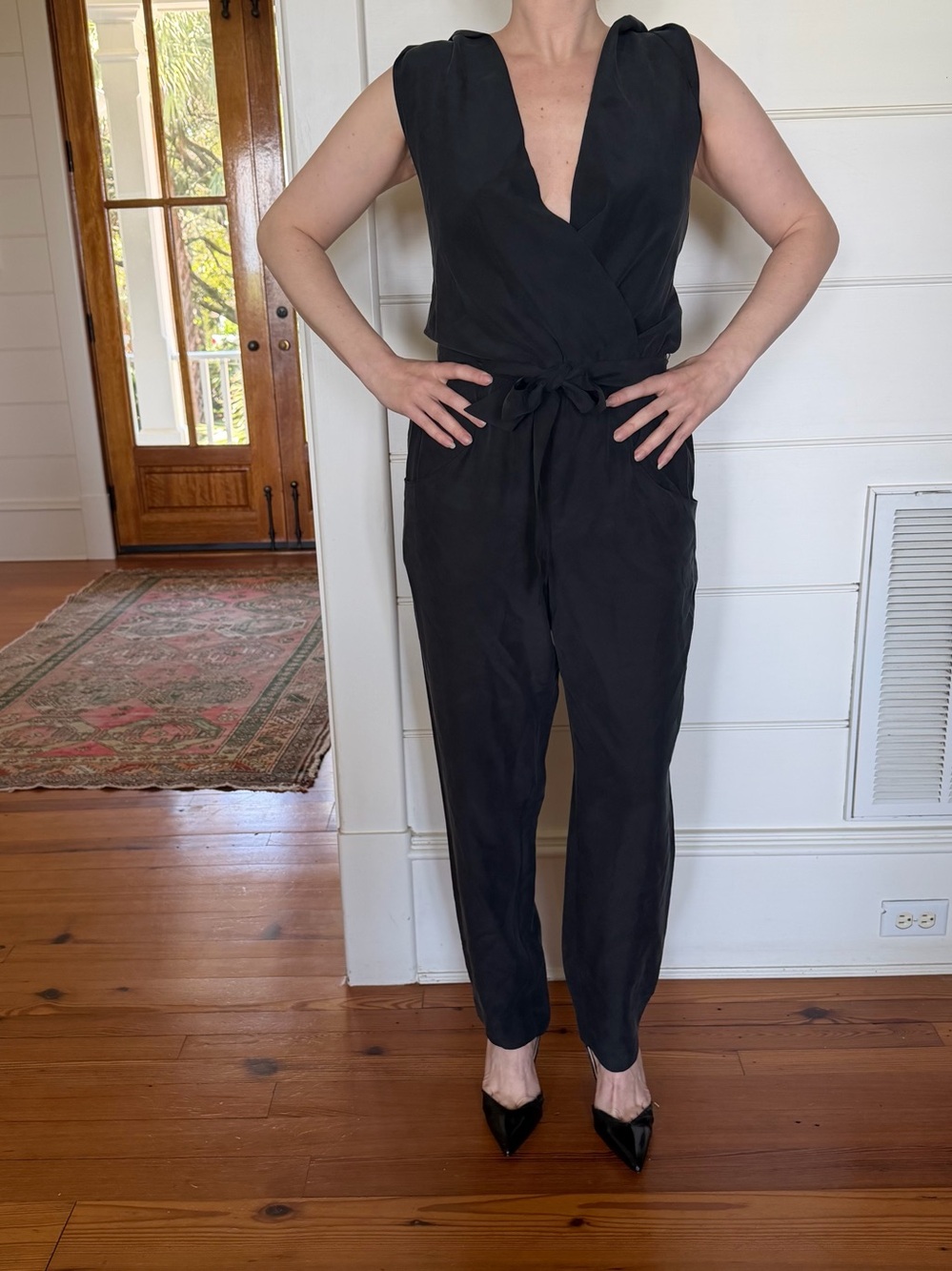 Silk Banana Republic Navy Wrap Style Sleeveless Jumpsuit with Waist Tie